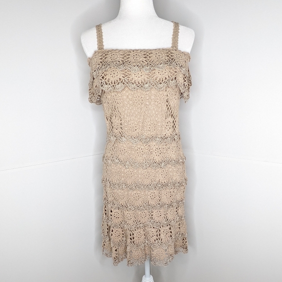 Boston Proper EUC crochet cold shoulder ruffles dress metallic small taupe brown - Picture 2 of 16